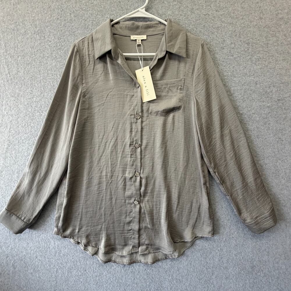 Alex & Lilli Gray Satin Blouse Womens M Rhinestone Button Dressy Elegant Chic